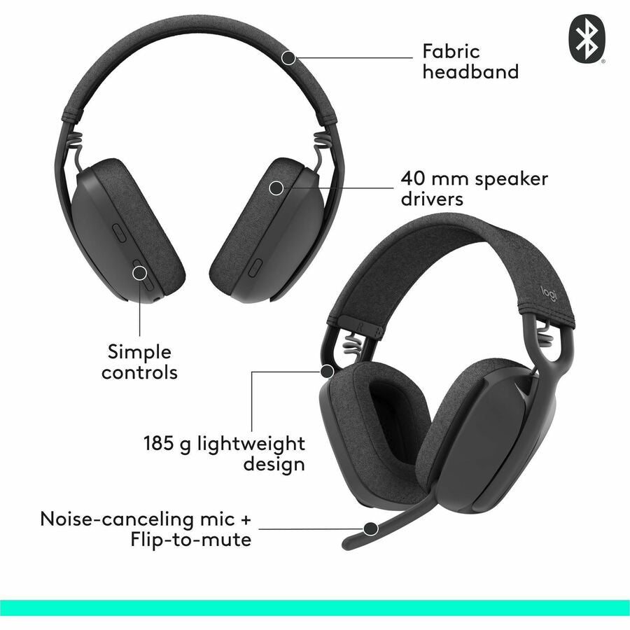Logitech Zone Vibe 100 Wireless Over Ear Headphones, Noise Canceling Microphone, Advanced Multipoint Bluetooth Headset, Graphite — 981-001256