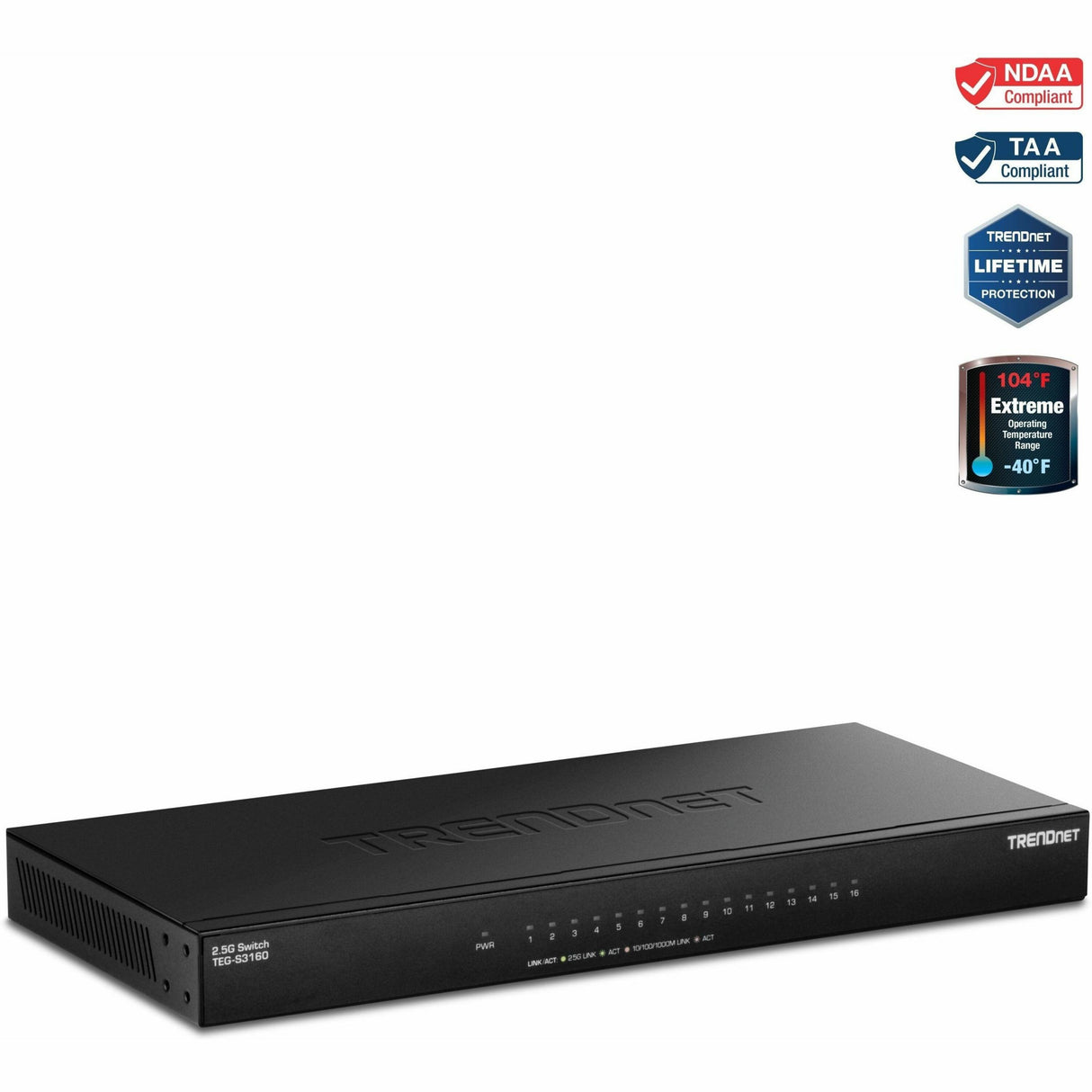 TRENDnet 16-Port Unmanaged 2.5G Desktop Network Ethernet Switch, TEG-S3160, 16 x 2.5 GB RJ-45 Ports, 80Gbps Switching Capacity, Ethernet Splitter, NDAA & TAA Compliant, Lifetime Protection, Black