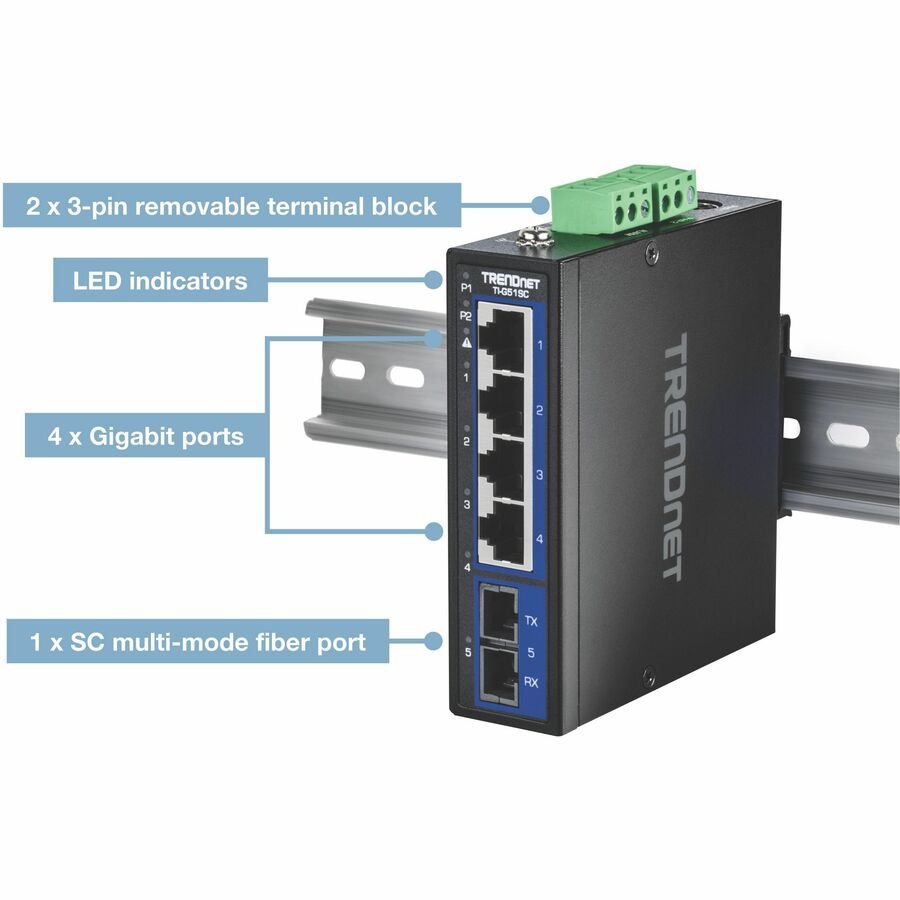 TRENDnet 5-Port Hardened Industrial Gigabit DIN-Rail Switch, TI-G51SC, 1 x Multi-Mode SC Port, 4 x Gigabit Ports, 10Gbps, IP30 Rated, Lifetime Protection, Black — TI-G51SC
