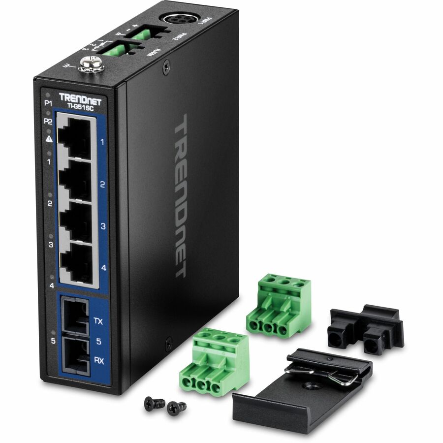 TRENDnet 5-Port Hardened Industrial Gigabit DIN-Rail Switch, TI-G51SC, 1 x Multi-Mode SC Port, 4 x Gigabit Ports, 10Gbps, IP30 Rated, Lifetime Protection, Black — TI-G51SC