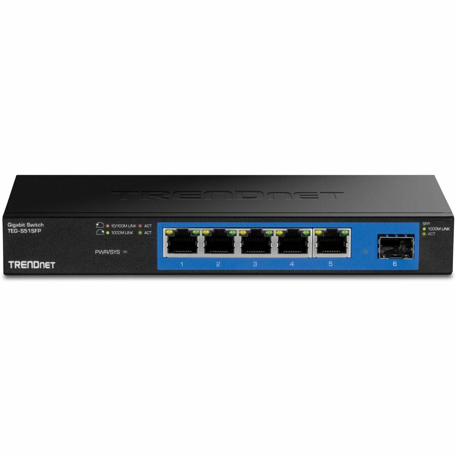 TRENDnet TEG-S51SFP, 5-Port Gigabit Compact Metal Desktop Switch with Gigabit SFP Slot, Fanless Design, Wall Mountable — TEG-S51SFP