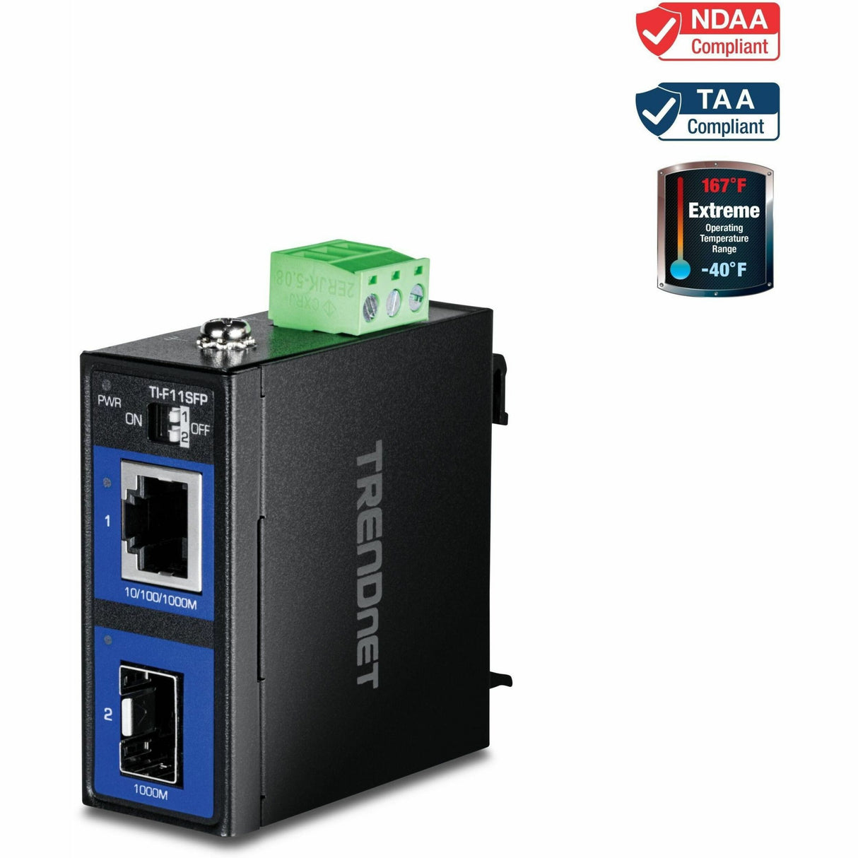 TRENDnet Industrial 100/1000Base-T to SFP Media Converter, TI F11SFP, IP50 Rated, NDAA TAA Compliant, 1 x Gigabit Ethernet Port, 1 x SFP Port, DIP Switches Control Link Fault Pass Through — TI-F11SFP