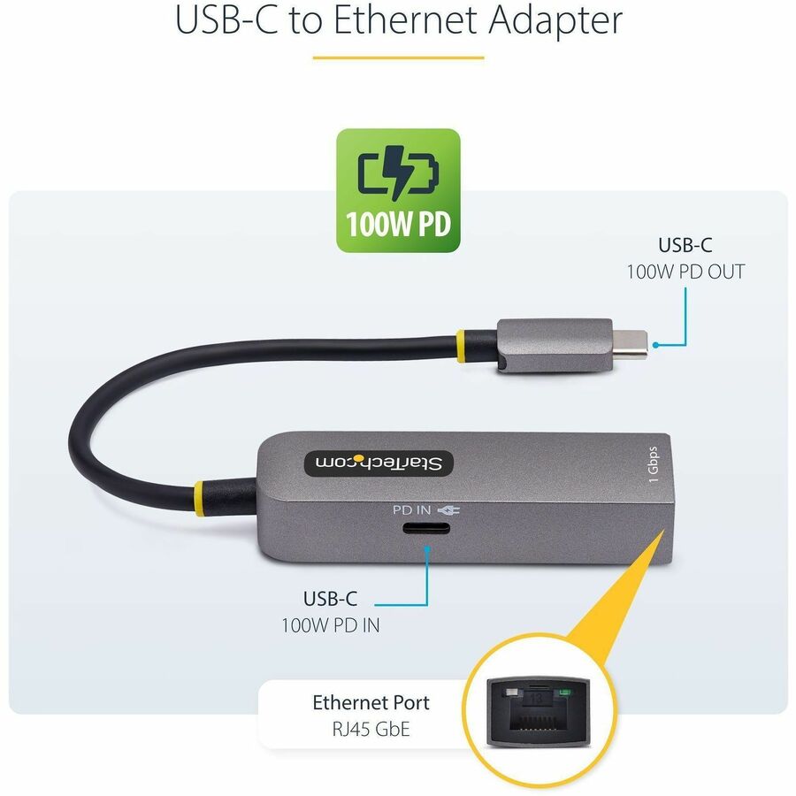 StarTech.com USB-C to Ethernet Adapter, 100W PD Pass-Through, NIC, USB 3.0 Type-C 1Gbps Multi Speed Network, USB 3.1 RJ45, Windows & Mac — 1GPD3-USB-C-ETHERNET