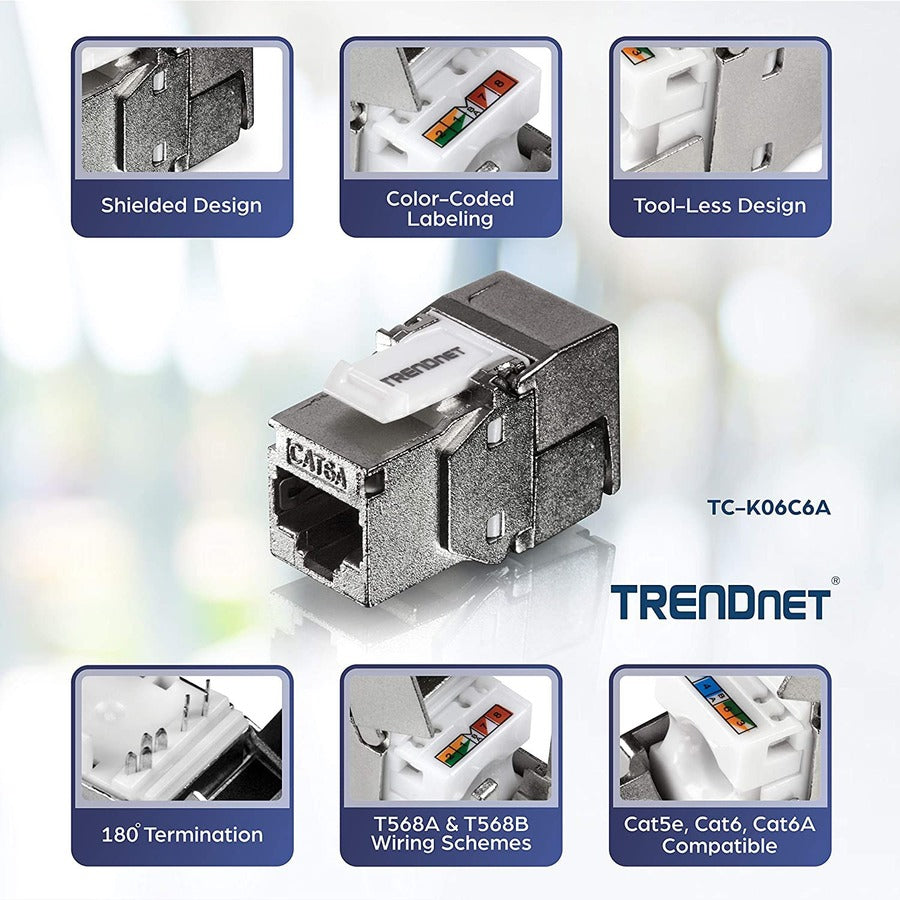 TRENDnet Shielded Cat6A Keystone Jack, 6-Pack Bundle, TC-K06C6A, 180° Angle Termination, Compatible with Cat5/Cat5e/Cat6 Cabling, Use w/ TC-KP24S Shielded Blank Keystone Patch Panel (sold separately) — TC-K06C6A