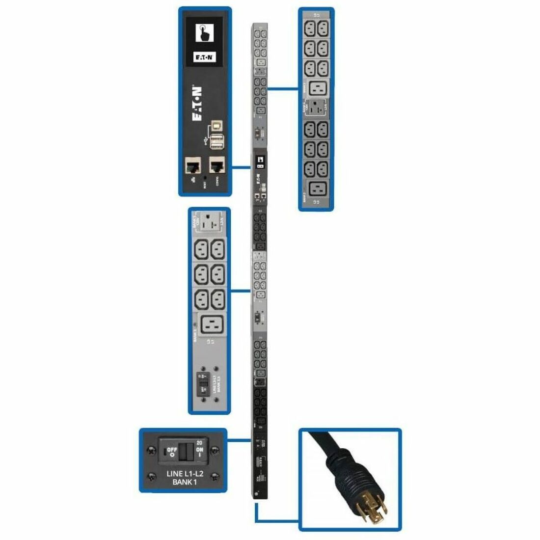 Eaton 8.6kW 208/120V 3PH Monitored PDU - LX Interface, Gigabit, 45 Outlets, L21-30P Input, LCD, 1.8 m Cord, 0U 1.8 m Height, TAA — PDU3EVN6L2130