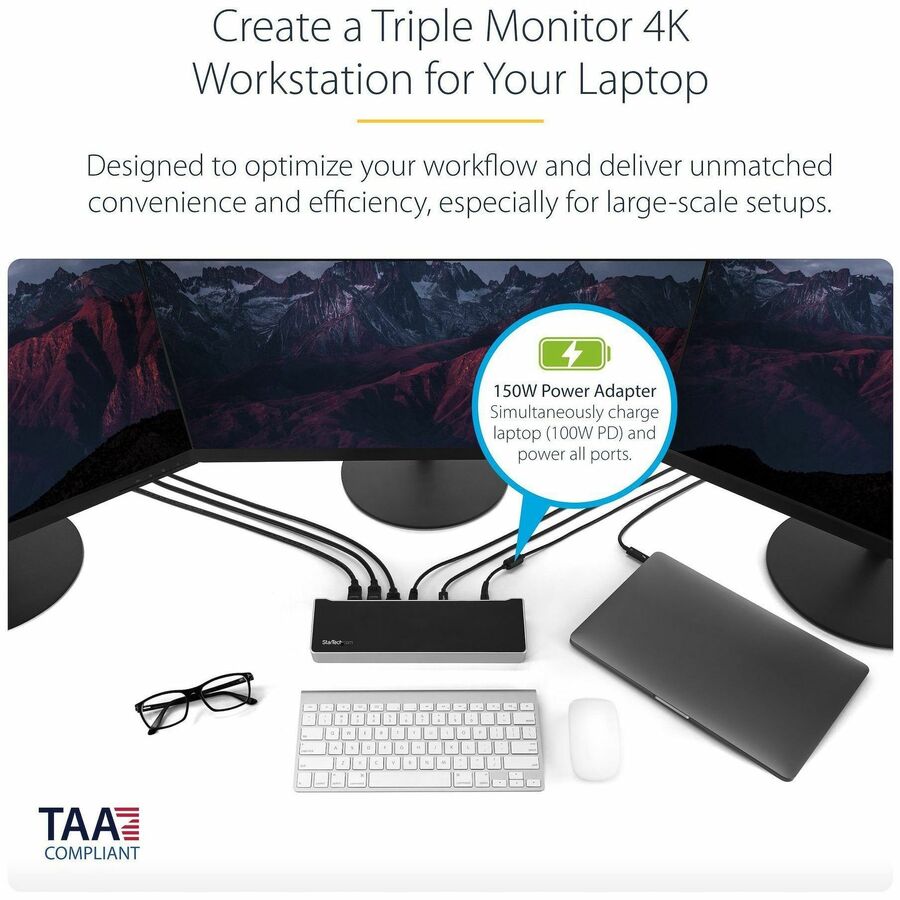StarTech.com 4K USB-C Dock, Triple UHD 4K Monitor Docking Station, Mac & Windows, HDMI & DisplayPort, 100W PD, 5x USB 5Gbps Hub, TAA — DK30CH2DEP