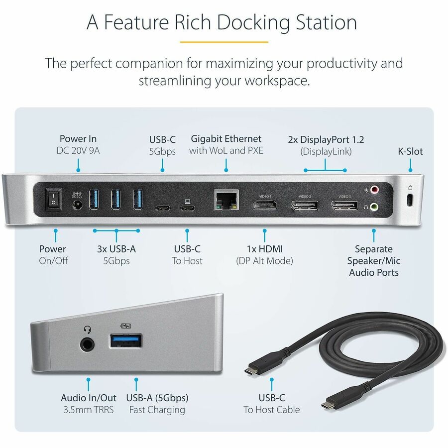 StarTech.com 4K USB-C Dock, Triple UHD 4K Monitor Docking Station, Mac & Windows, HDMI & DisplayPort, 100W PD, 5x USB 5Gbps Hub, TAA — DK30CH2DEP