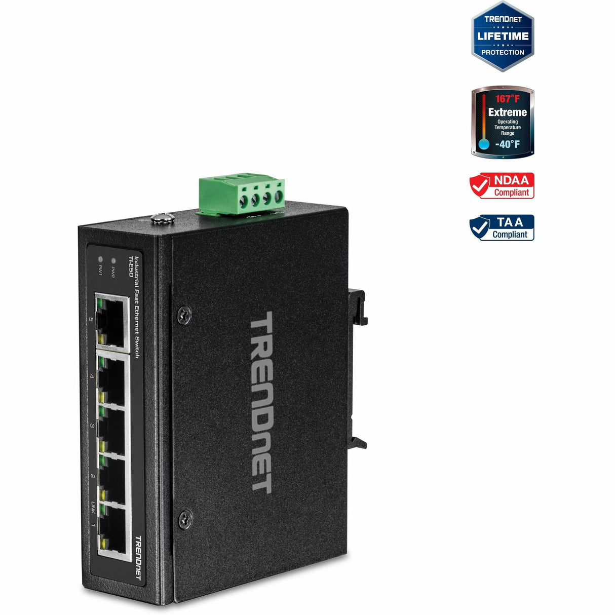 TRENDnet 5-Port Industrial Fast Ethernet DIN-Rail Switch, TI-E50, 5 x Fast Ethernet Ports, IP50 Rated, Extreme Temperature Operating Range, 1Gbps Switching Capacity, Lifetime Protection — TI-E50