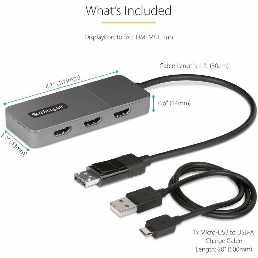 StarTech.com 3-Port MST Hub, DisplayPort to Triple 4K 60Hz HDMI, DP 1.4 Multi-Monitor Adapter, Windows Only — MST14DP123HD