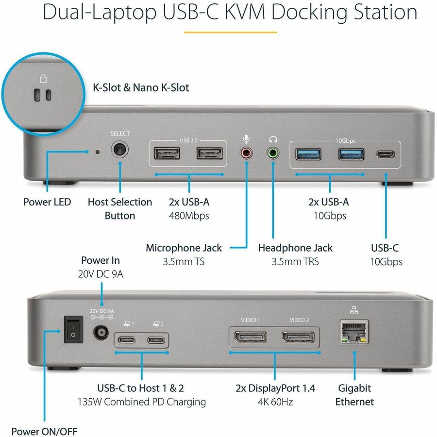 StarTech.com Dual-Laptop USB-C KVM Docking Station, Dual Monitor 4K 60Hz DisplayPort KVM Dock, 5x USB Hub, GbE, 90W/45W PD, Windows/Mac — 129N-USBC-KVM-DOCK