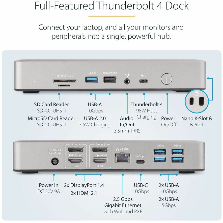StarTech.com Thunderbolt 4 Multi-Display Docking Station, Quad/Triple/Dual Monitor Dock, 2x HDMI/2x DP, 7x USB Hub, 2.5Gb Ethernet, 98W PD — 132N-TB4USB4DOCK