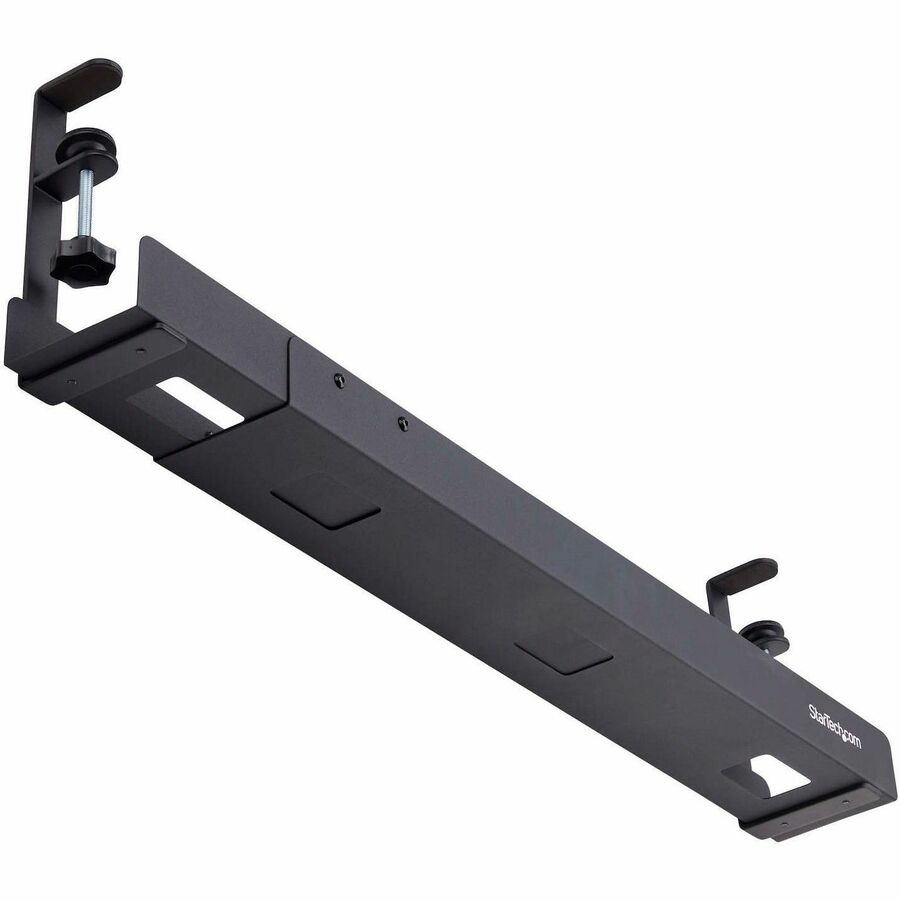 StarTech.com Under Desk Cable Management Tray, Length Adjustable, Clamp-On Installation, No Drilling Required, Black — CALB-DESK-CABLE-TRAY