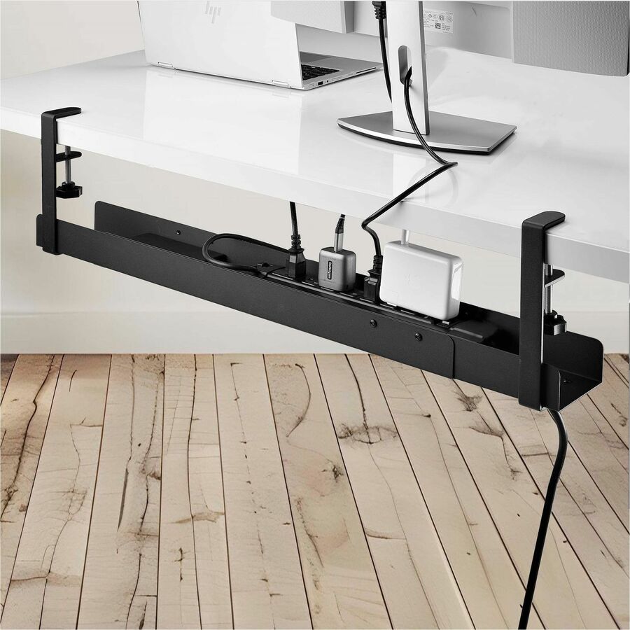 StarTech.com Under Desk Cable Management Tray, Length Adjustable, Clamp-On Installation, No Drilling Required, Black — CALB-DESK-CABLE-TRAY