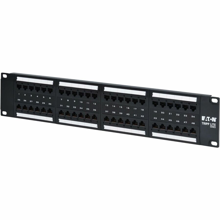 Eaton Tripp Lite Series 48-Port Cat6 Patch Panel - 4PPoE Compliant, 110/Krone, 568A/B, RJ45 Ethernet, 2U Rack-Mount, Black, TAA — N252-P48