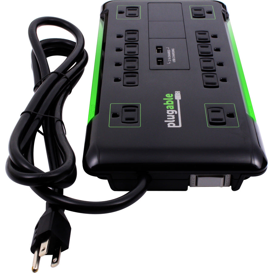 Plugable 12 Outlet Power Strip 4320 Joules Surge Protection, Built-in 10.5W 2-Port USB Charger for Android and Apple Phones, Mobile Devices, 6 Foot Cord — PS12-USB2B