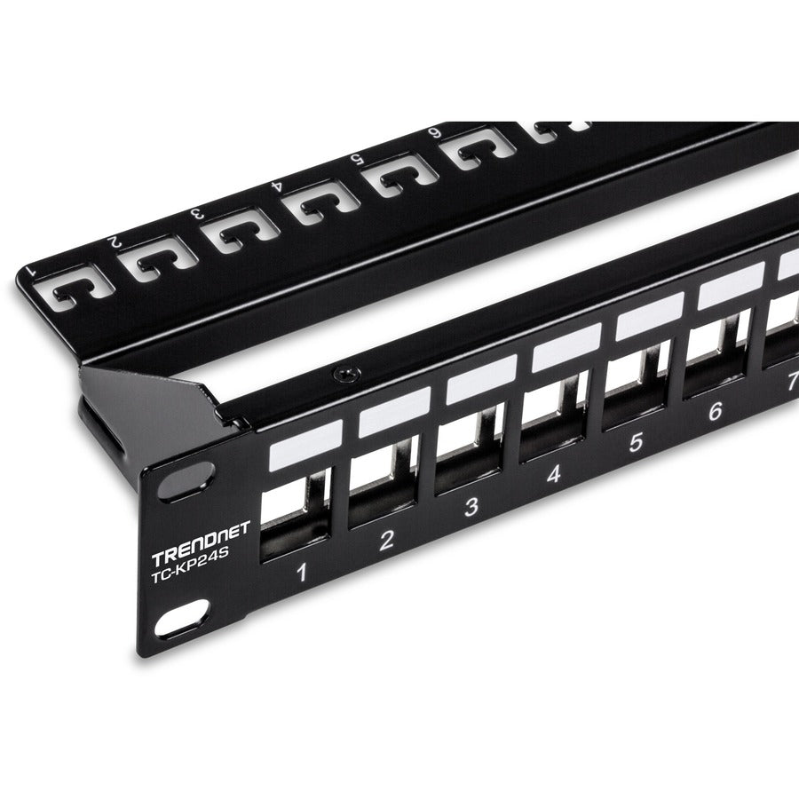 TRENDnet 24-Port Blank Keystone Shielded 1U Patch Panel, 1U 19" Rackmount Housing, Protects Against EMI/RFI Noise, Recommended With TC-K06C6A Cat6A Keystone Jacks (Sold Separately), Black, TC-KP24S