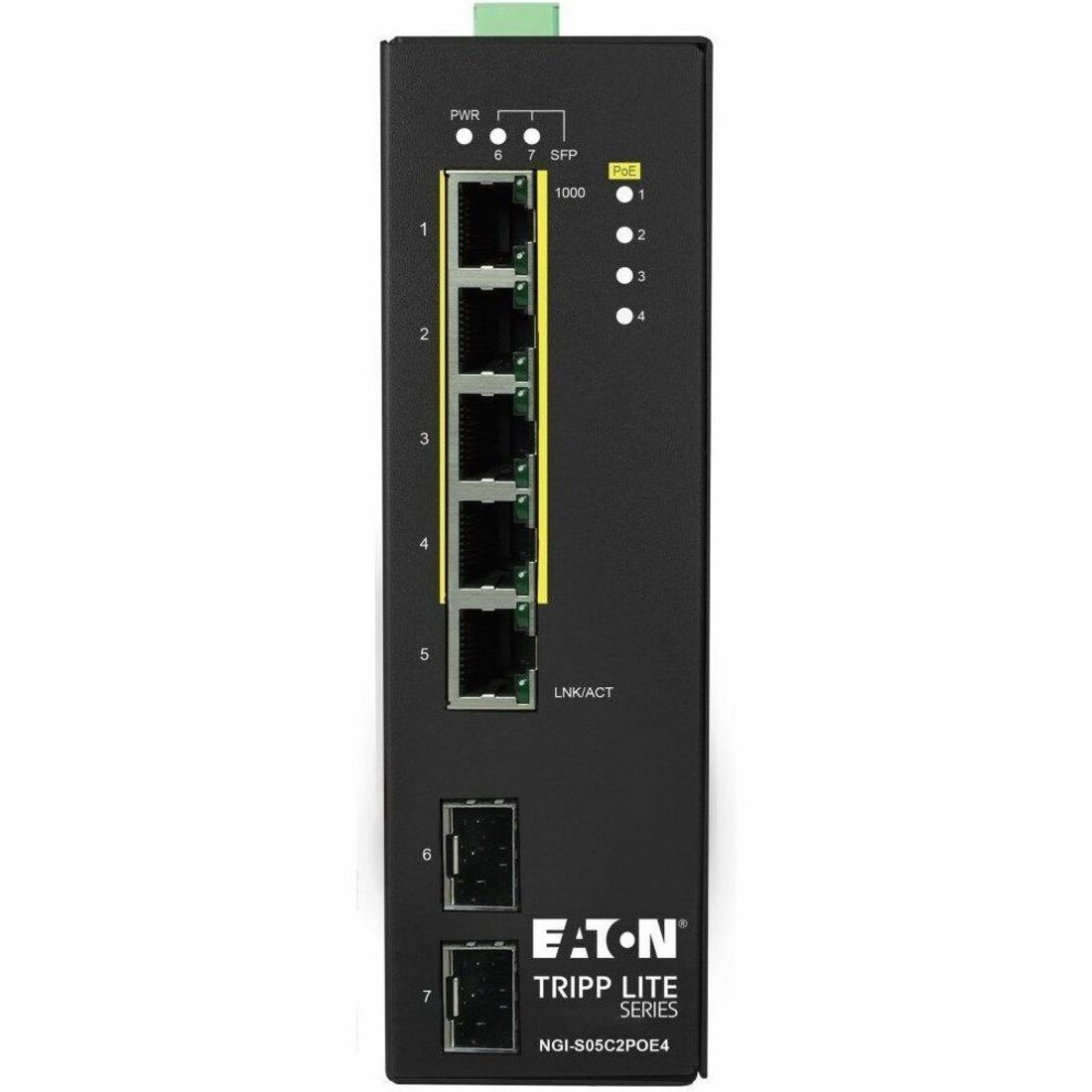 Eaton Tripp Lite Series 5-Port Lite Managed Industrial Gigabit Ethernet Switch - 10/100/1000 Mbps, PoE+ 30W, 2 GbE SFP Slots, -10° to 60°C, DIN Mount, TAA — NGI-S05C2POE4
