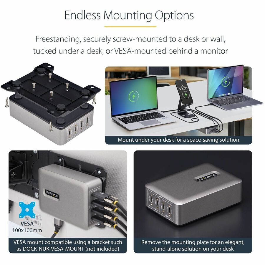 StarTech.com 4-Port Multi-Device USB-C Charger, 240W Total, Single Port 140W EPR, Screw Locking Ports, Ideal for Boardrooms — 424DNA-USB-C-CHARGER