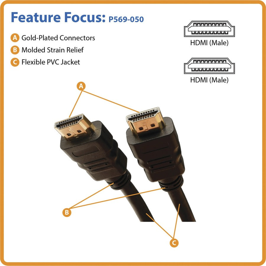 Eaton Tripp Lite Series Standard Speed HDMI Cable with Ethernet, Digital Video with Audio (M/M), 50 ft. (15.24 m) — P569-050