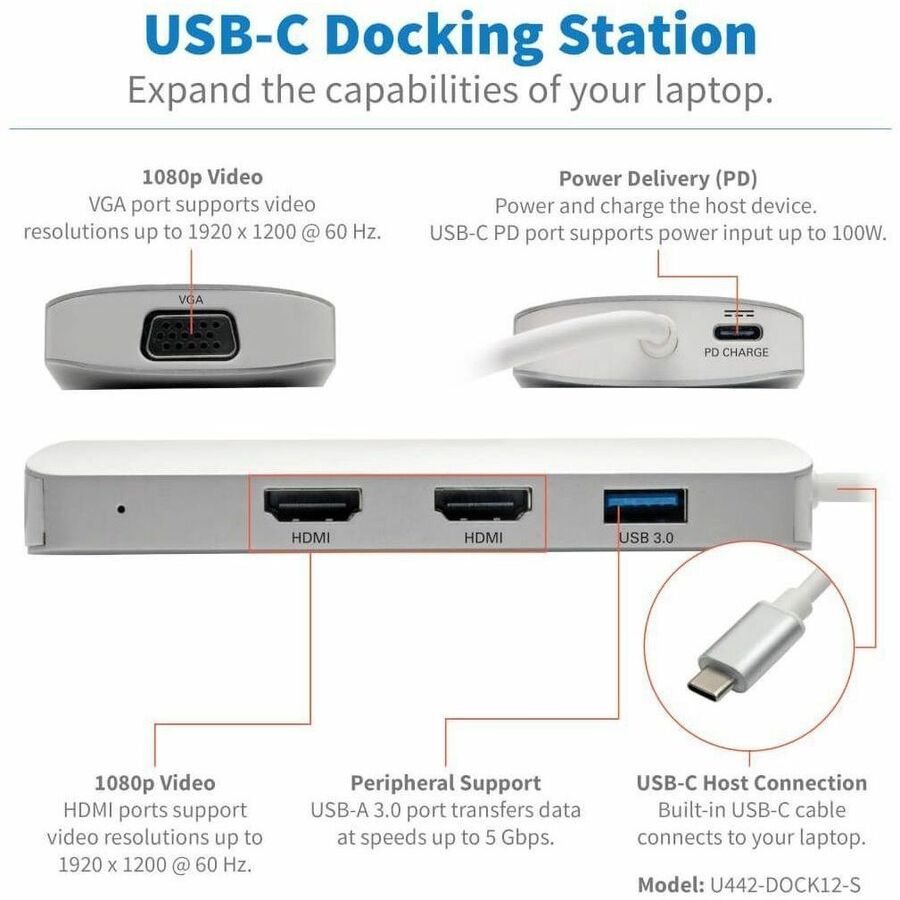 Eaton Tripp Lite Series USB-C Dock, Triple Display - HDMI, VGA, USB 3.x (5Gbps), USB-A Hub, 60W PD Charging — U442-DOCK12-S
