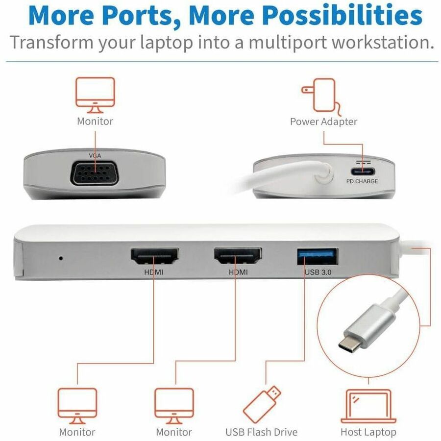 Eaton Tripp Lite Series USB-C Dock, Triple Display - HDMI, VGA, USB 3.x (5Gbps), USB-A Hub, 60W PD Charging — U442-DOCK12-S