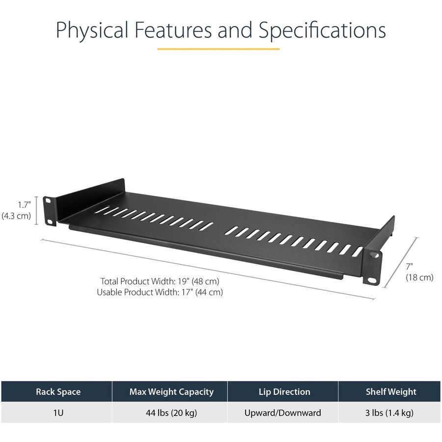 StarTech.com 1U Vented Server Rack Cabinet Shelf - Fixed 7in Deep Cantilever Rackmount Tray for 19" Data/AV/Network Enclosure w/Cage Nuts — CABSHELF1U7V