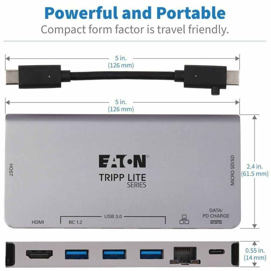 Eaton Tripp Lite Series USB-C Dock - 4K HDMI, USB 3.x (5Gbps), USB-A/C Hub Ports, GbE, Memory Card, 100W PD Charging, Detachable Cord — U442-DOCK5D-GY