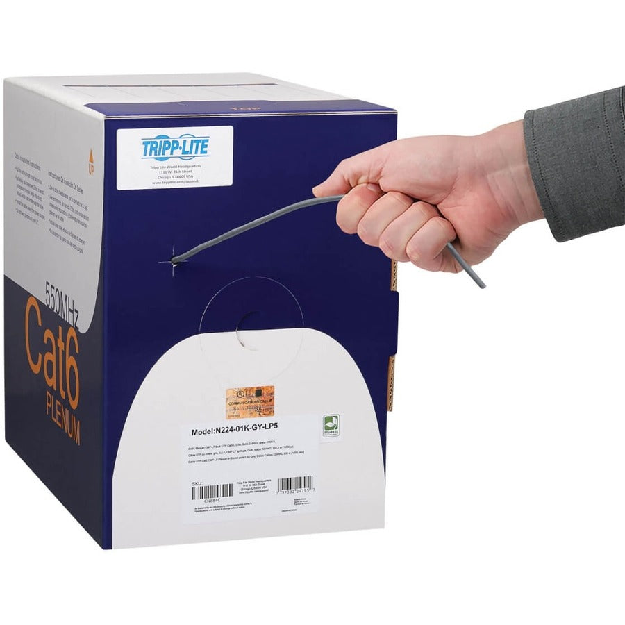 Eaton Tripp Lite Series Cat6 Gigabit Solid Core UTP Bulk Ethernet Cable, CMP-LP 0.5A Plenum, 100W PoE/PoE++, Gray, 1000 ft. (304.8 m) — N224-01K-GY-LP5