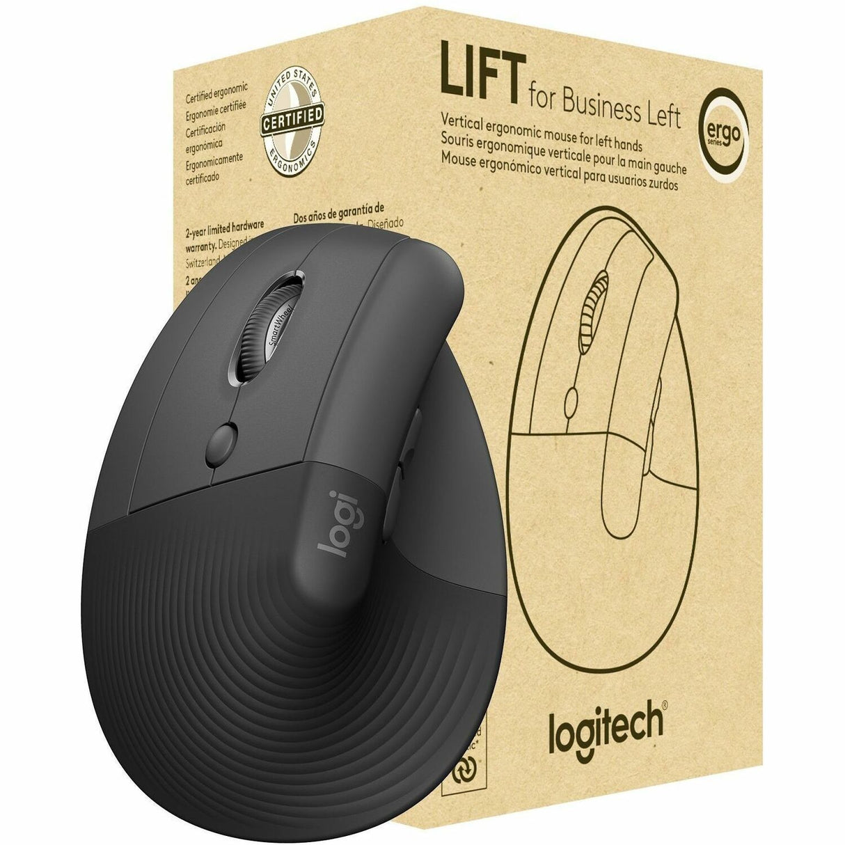 Logitech Lift for Business Left, Vertical Ergonomic Mouse - Left-handed, Wireless, Bluetooth or Secured Logi Bolt USB, Quiet clicks, Graphite — 910-006492