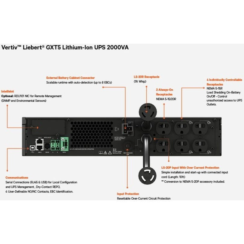Vertiv Liebert GXT5 Lithium-Ion N Online UPS 2000VA/1800W 120V Tower/Rack UPS — GXT5LI-2000LVRT2UXLN