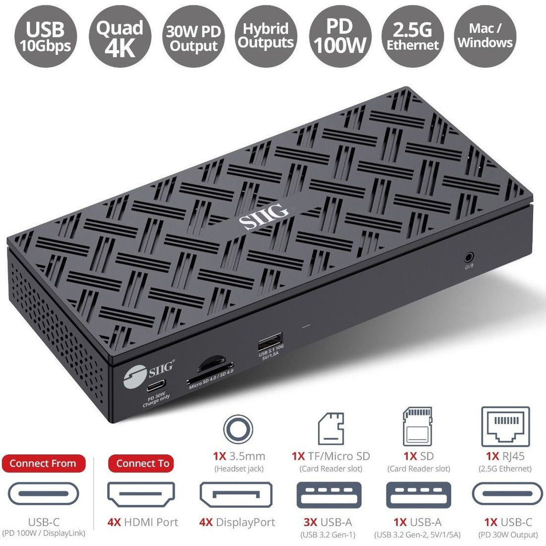 SIIG USB-C Quad Hybrid 4K Video Docking Station with 100W PD — JU-DK0Q11-S1