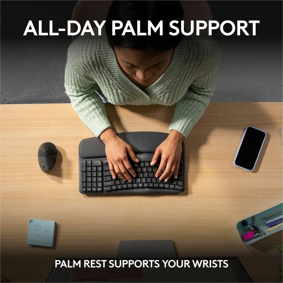 Logitech Wave Keys Wireless Ergonomic Keyboard with Cushioned Palm Rest, Comfortable Natural Typing, Graphite — 920-011898