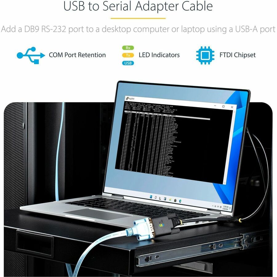 StarTech.com 10ft (3m) USB to Serial Adapter Cable, COM Retention, FTDI, DB9 RS232, Interchangeable DB9 Screws/Nuts, Windows/macOS/Linux — 1P10FFC-USB-SERIAL