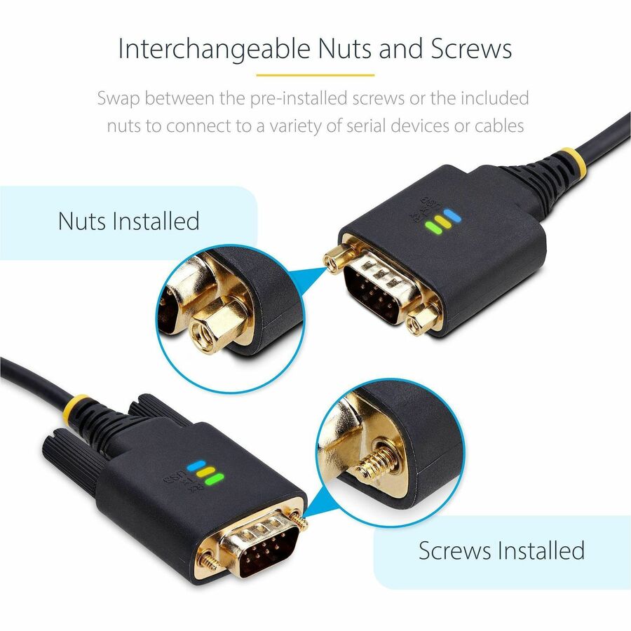 StarTech.com 10ft (3m) USB to Serial Adapter Cable, COM Retention, FTDI, DB9 RS232, Interchangeable DB9 Screws/Nuts, Windows/macOS/Linux — 1P10FFC-USB-SERIAL