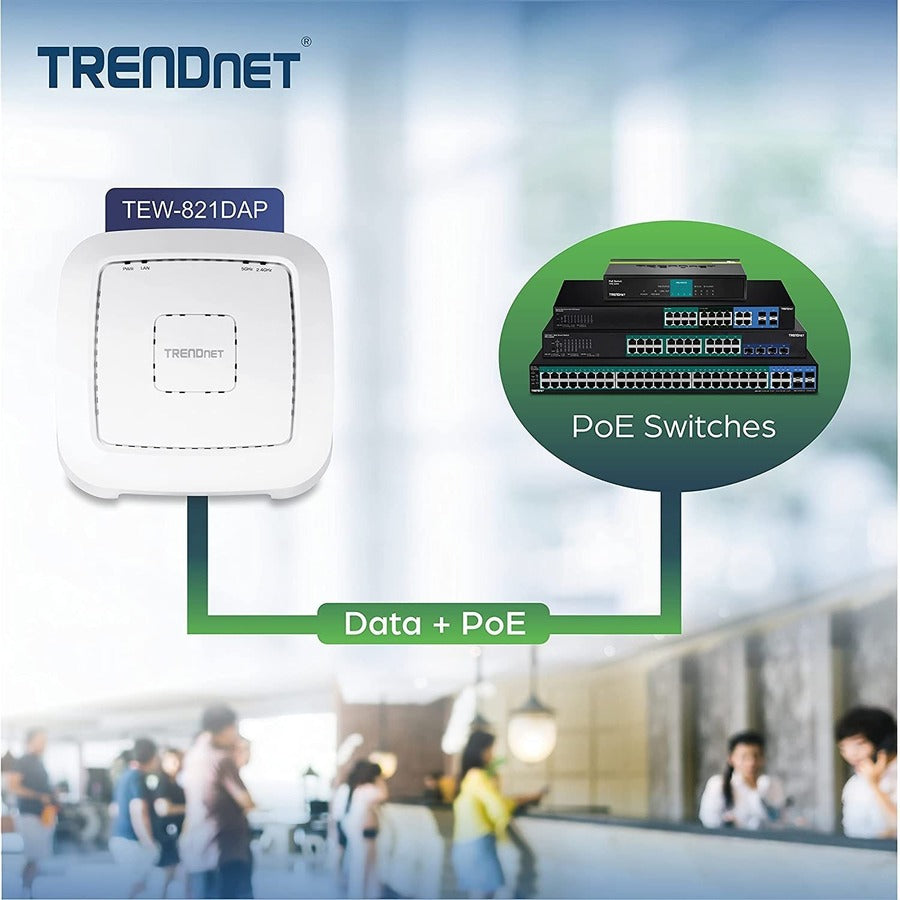 TRENDnet AC1200 Dual Band PoE Indoor Access Point, MU-MIMO, 867 Mbps WiFi AC, 300 Mbps WiFi N Bands, Client Bridge, Repeater Modes, Gigabit PoE LAN Port, Captive Portal For Hotspot, White, TEW-821DAP