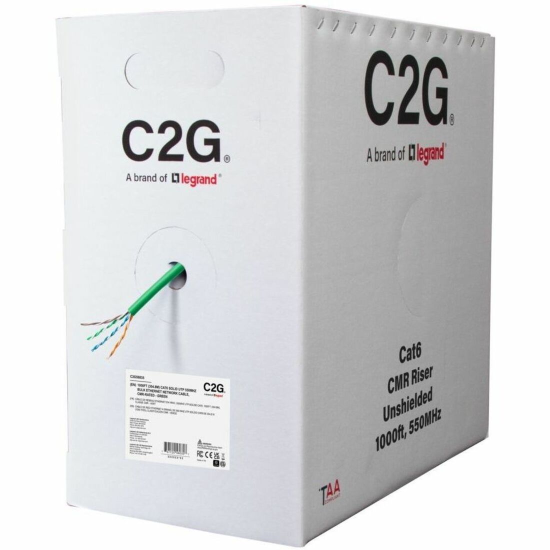 C2G 1000ft (304.8m) TAA-Compliant Cat6 Unshielded (UTP) Ethernet Cable with Solid Conductors-Riser CMR-Rated - Green — C2G56035