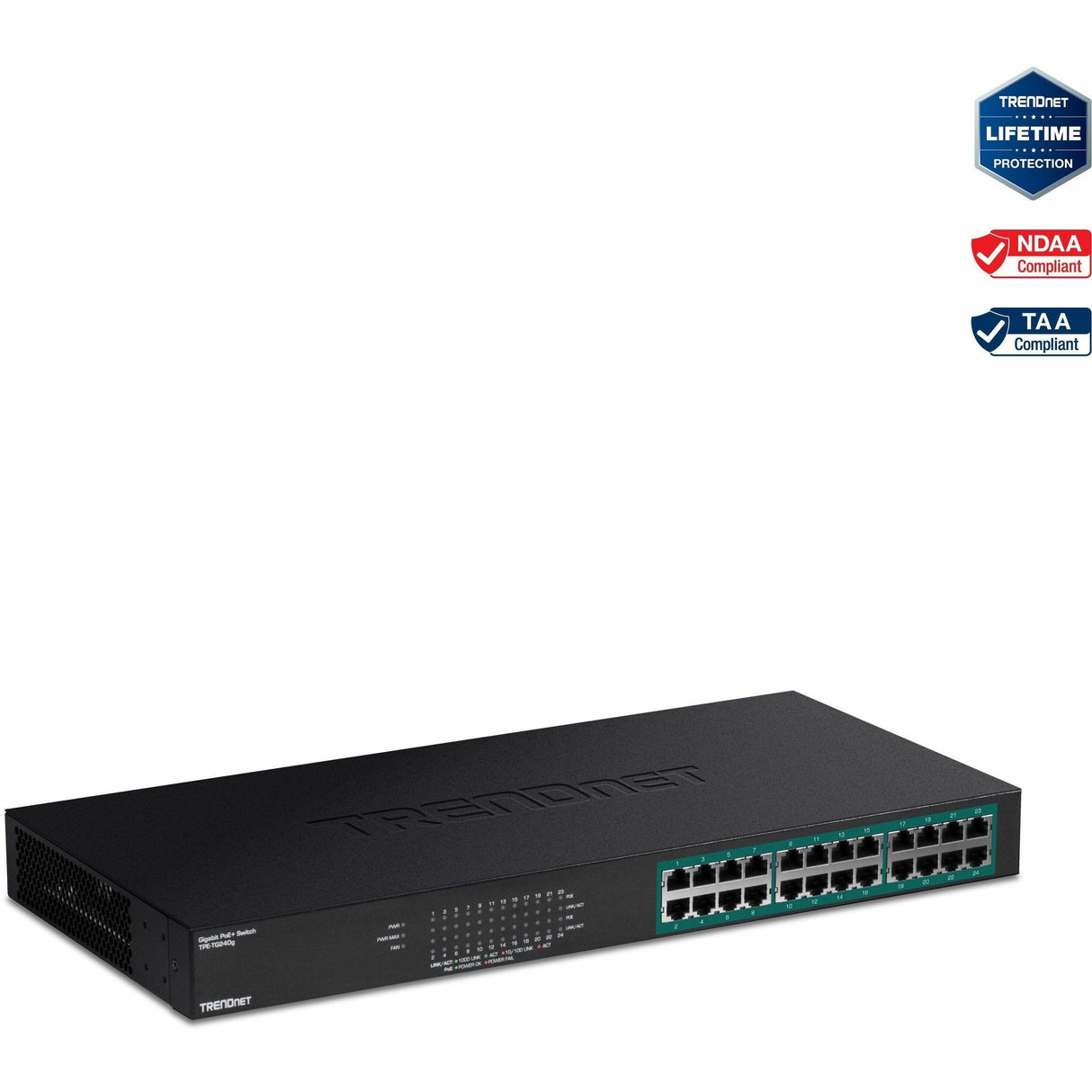 TRENDnet 24-Port Gigabit PoE+ Switch, 24 x Gigabit PoE+ Ports, 370W Power Budget, 48Gbps Switch Capacity, RackMount Kit Included, Ethernet Network Switch, Metal, Lifetime Protection, Black, TPE-TG240G — TPE-TG240g