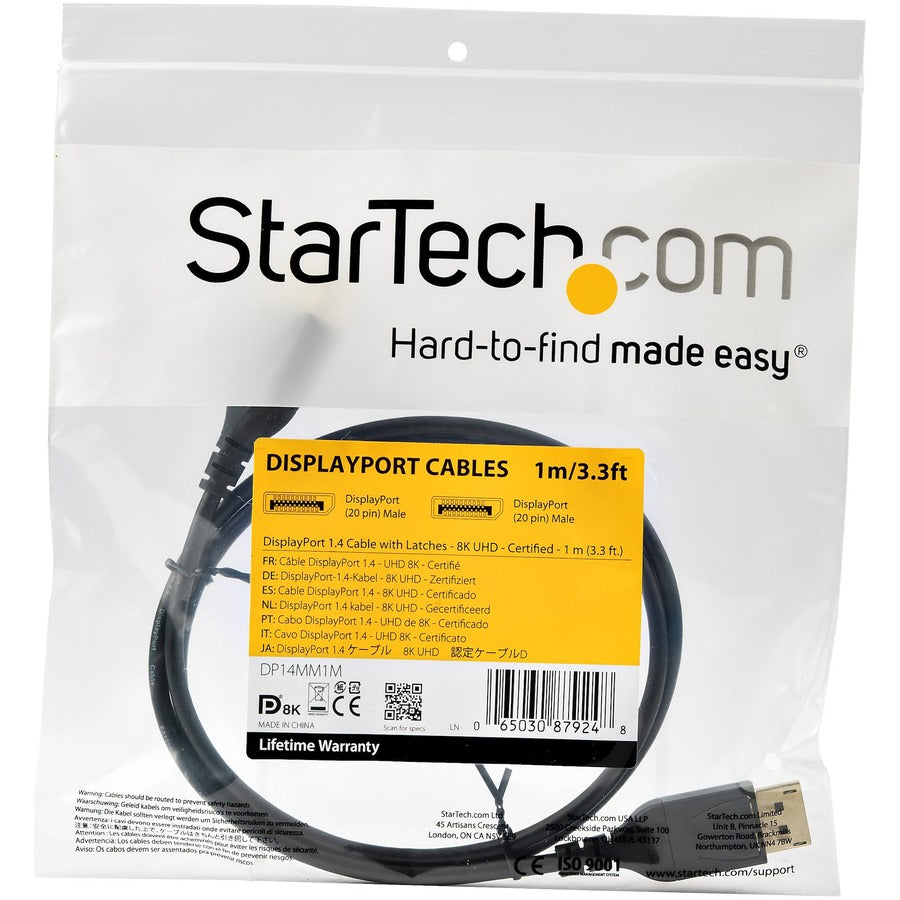 StarTech.com 1 m VESA Certified DisplayPort 1.4 Cable - 8K 60Hz HBR3 HDR - 3 ft Super UHD 4K 120Hz - DP to DP Slim Video Monitor Cord M/M — DP14MM1M