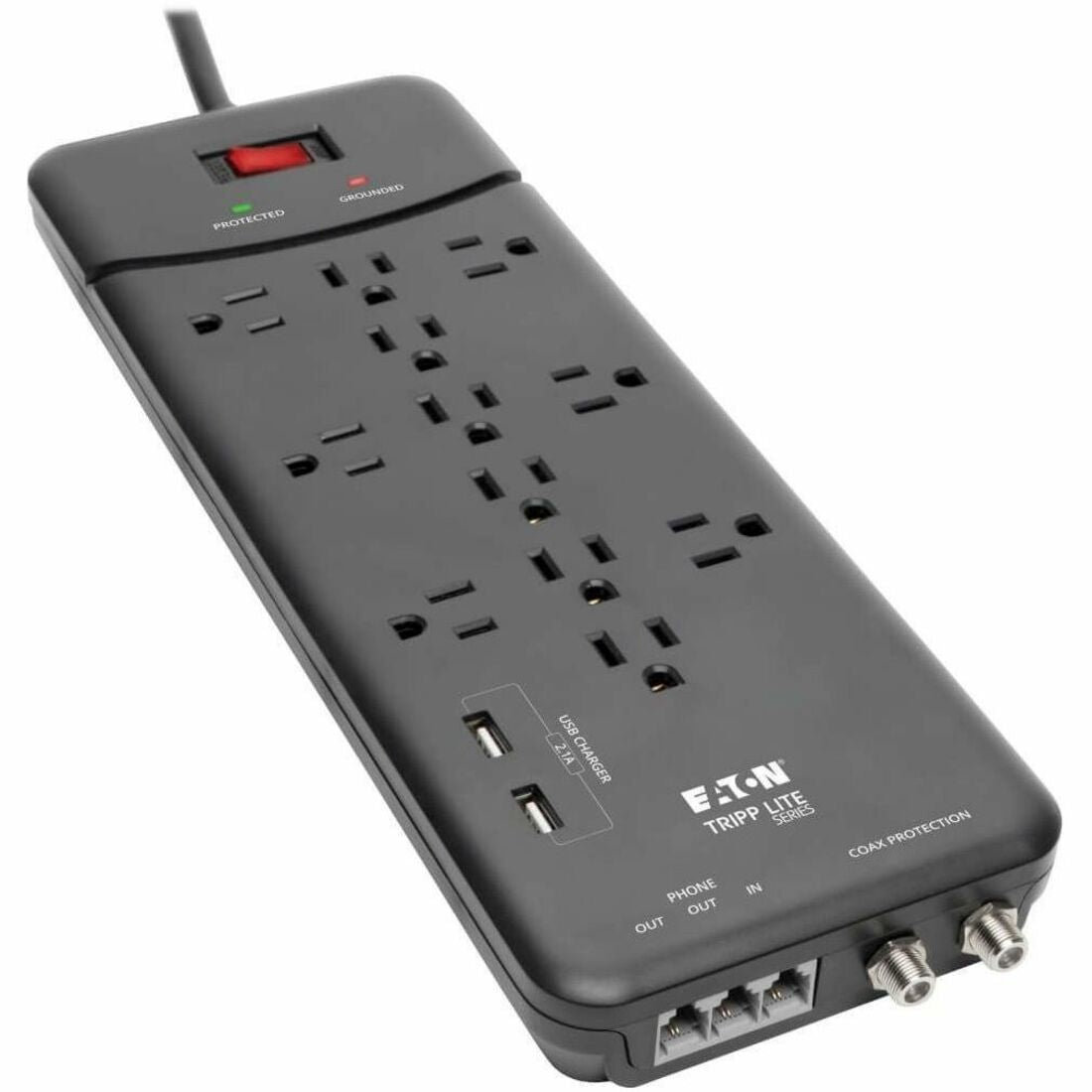 Eaton Tripp Lite Series Protect It! 12-Outlet Surge Protector, 8 ft. (2.43 m) Cord, 4320 Joules, Tel/Modem/Coax Protection, 2 USB Ports, Black — TLP128TTUSBB