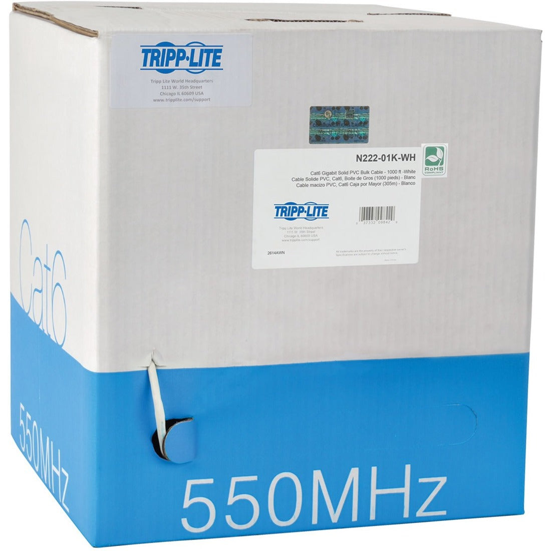 Eaton Tripp Lite Series Cat6 Gigabit Solid Core UTP PVC Bulk Ethernet Cable, White, 1000 ft. (304.8 m), TAA — N222-01K-WH