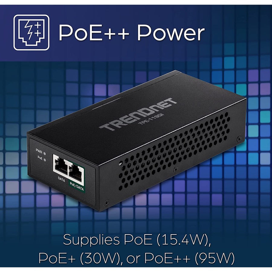TRENDnet Gigabit PoE++ Injector, Convert A Non-PoE Port to A PoE++ Gigabit Port, PoE (15.4W), PoE+ (30W), Or PoE++ (95W), Up to 100m (328 ft), Integrated Power Supply, Black, TPE-119GI