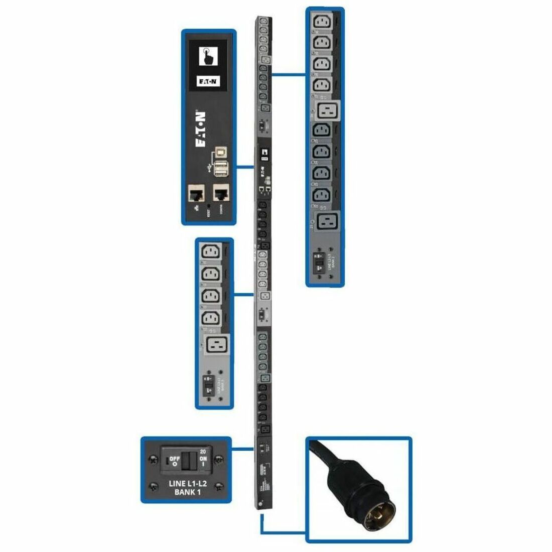 Eaton 10kW 200-240V 3PH Switched PDU - LX Interface, Gigabit, 30 Outlets, L21-30P Input, LCD, 1.8 m Cord, 0U 1.8 m Height, TAA — PDU3EVSR6L2130