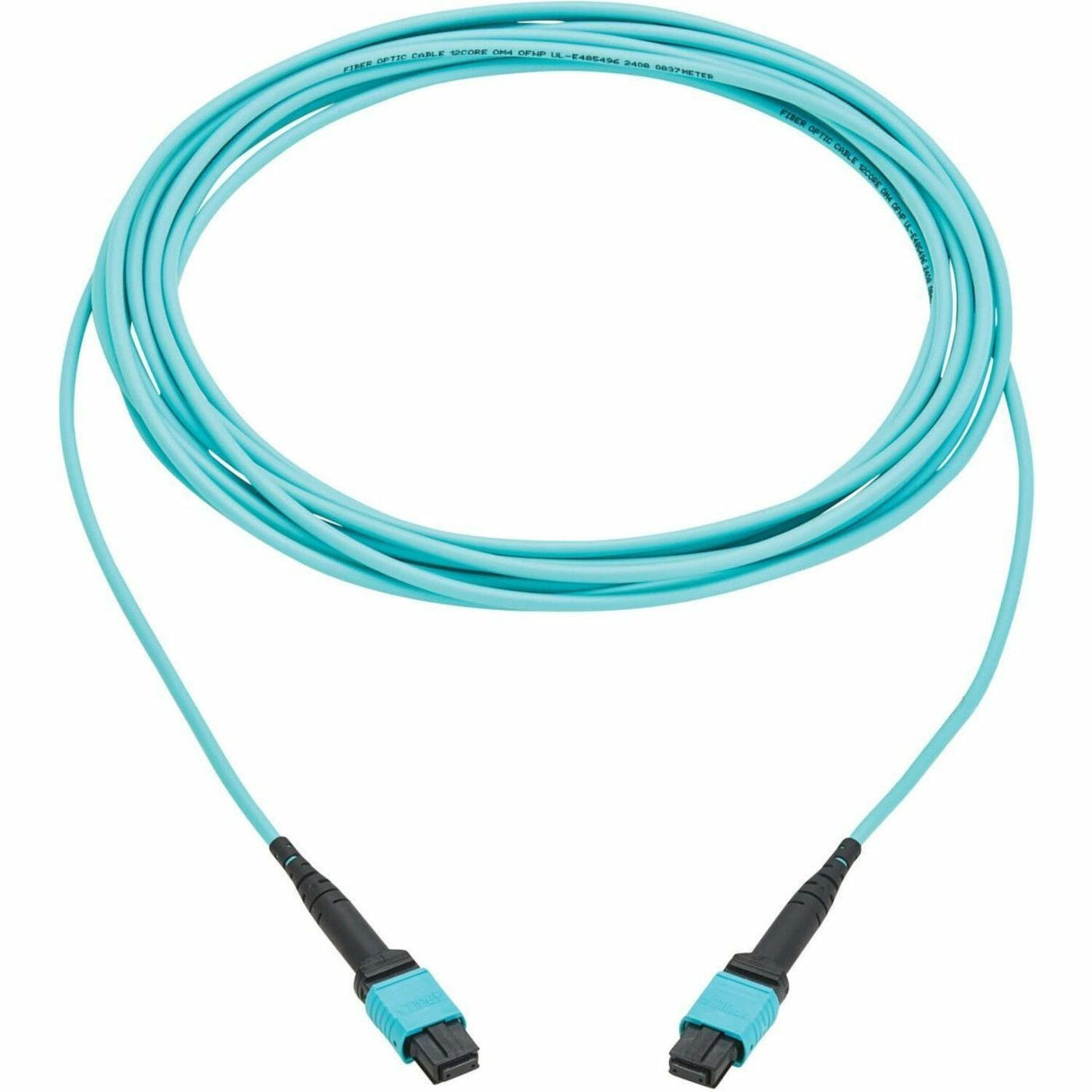 Eaton Tripp Lite Series 100G Multimode 50/125 OM4 Fiber Optic Cable (12F MPO/MPO-PC F/F), Type-A Polarity, OFNP, Aqua, 5 m (16.4 ft.), TAA — N845A-05M-12TAA