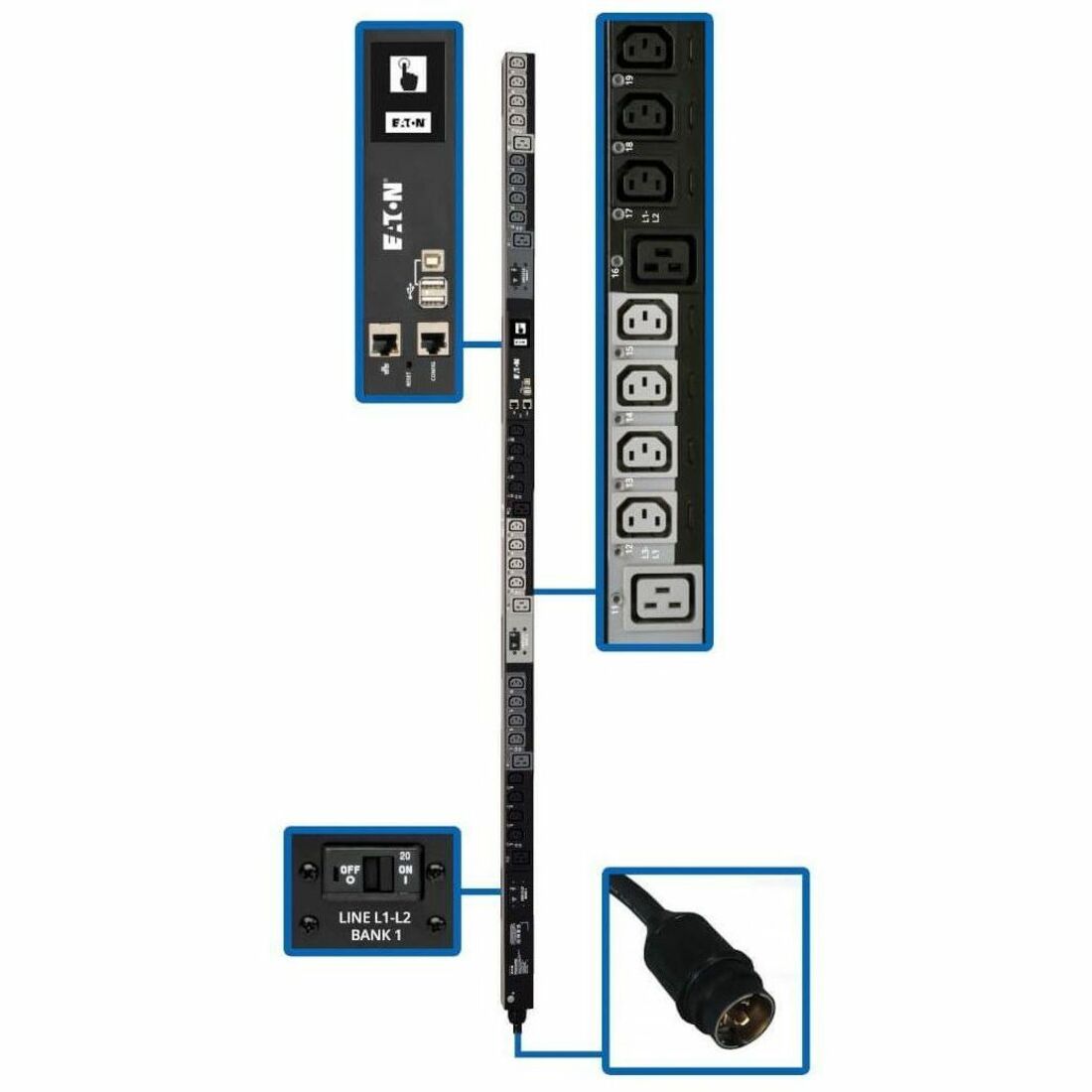 Eaton 10kW 200-240V 3PH Switched PDU, LX Interface, Gigabit, 30 Outlets, L21-30P Input, LCD, 1.8 m Cord, 0U 1.8 m Height, TAA — PDU3EVS6L2130