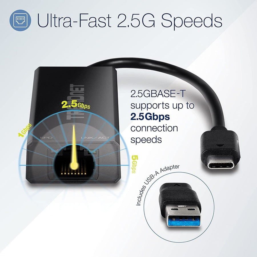 TRENDnet USB-C 3.1 To 2.5GBase-T Ethernet Adapter, IEEE 802.3bz 2.5GBASE-T Compliant, Supports Up to 2.5Gbps connection Speeds, Supports 802.1p (CoS) And 802.1Q (VLAN), Black, TUC-ET2G (V2.0R) — TUC-ET2G
