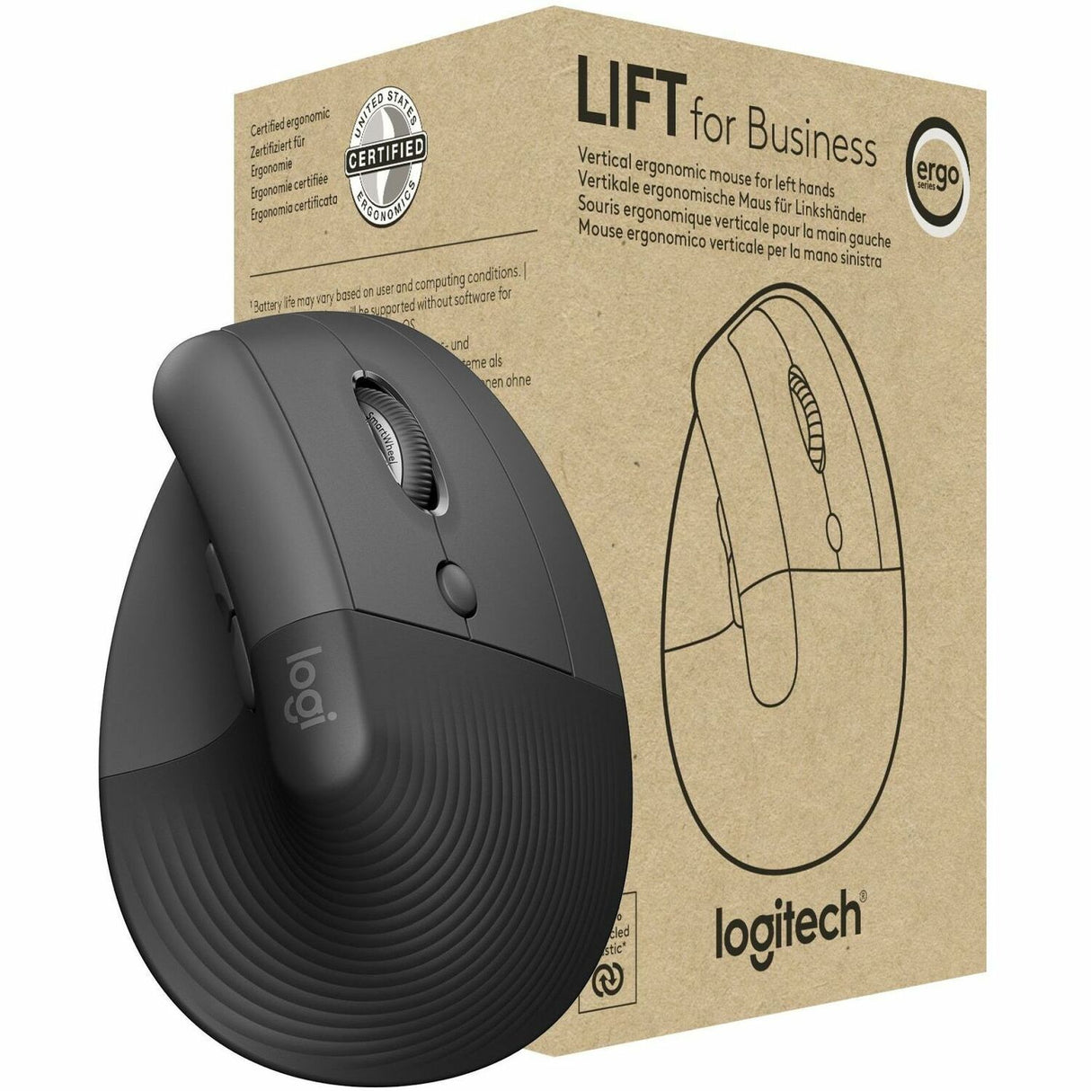 Logitech Lift for Business, Vertical Ergonomic Mouse, Wireless, Bluetooth, Logi Bolt USB, Quiet clicks, Graphite — 910-006491
