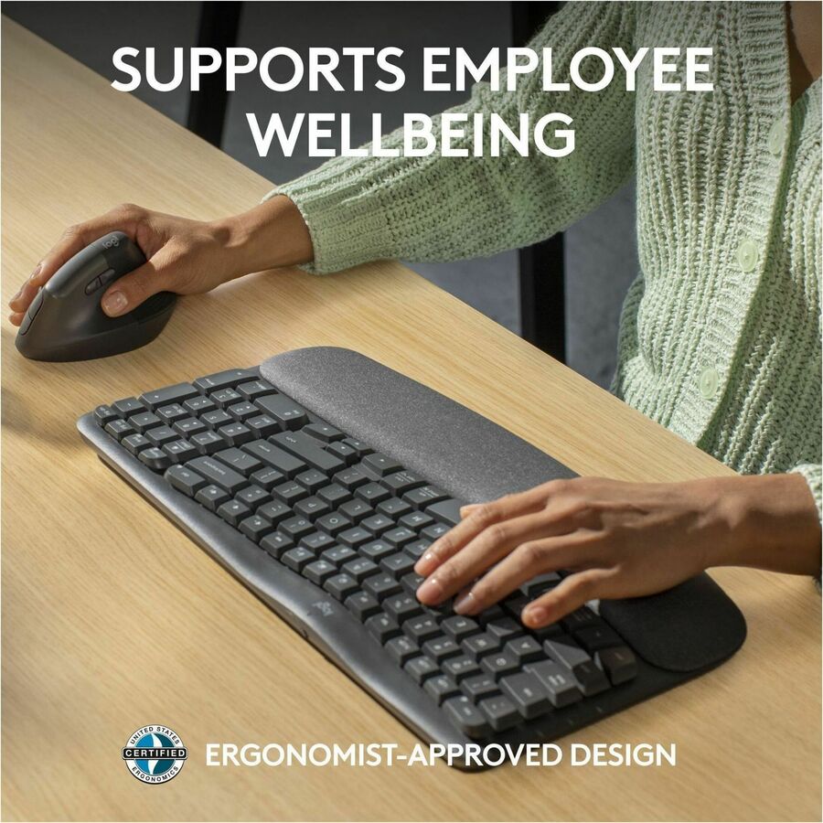Logitech Wave Keys for Business, Wireless Ergonomic Keyboard with Cushioned Palm Rest, Logi Bolt, Graphite — 920-012058