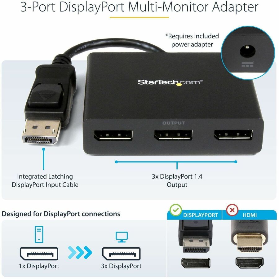StarTech.com 3-Port DisplayPort 1.2 Splitter, DisplayPort to 3x DP Multi-Monitor Adapter, Dual 4K 30Hz and 1080p Computer MST Hub, Windows — MSTDP123DP
