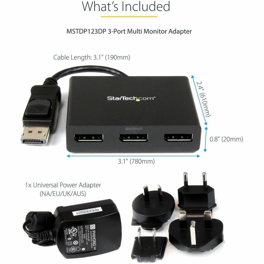 StarTech.com 3-Port DisplayPort 1.2 Splitter, DisplayPort to 3x DP Multi-Monitor Adapter, Dual 4K 30Hz and 1080p Computer MST Hub, Windows — MSTDP123DP