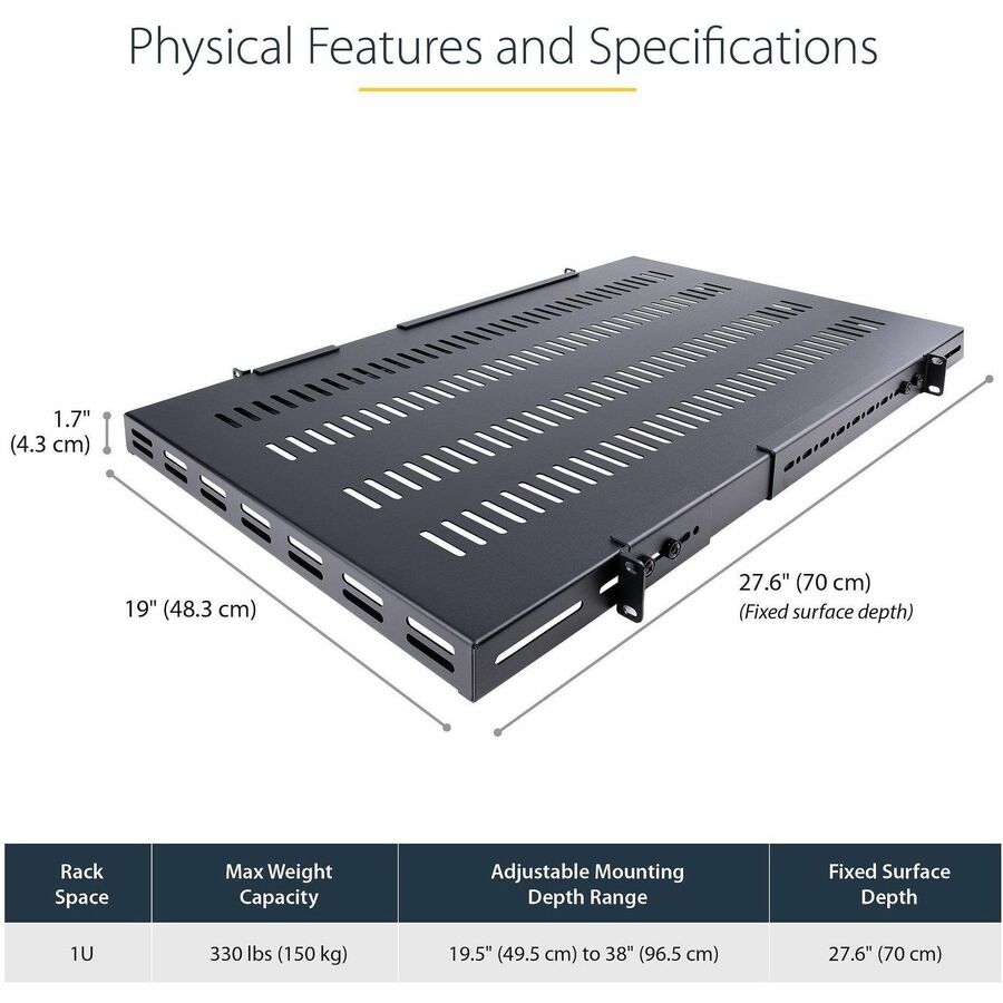 StarTech.com 1U 4-Post 19.5 to 38in Adjustable Mounting Depth Vented Rack Mount Shelf - Heavy Duty Fixed Rack Shelf - 330lbs / 150kg - 27.5in Deep — ADJSHELFHDV
